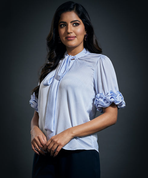 Sleeve Frilled Satin Half Sleeve Top-Blue